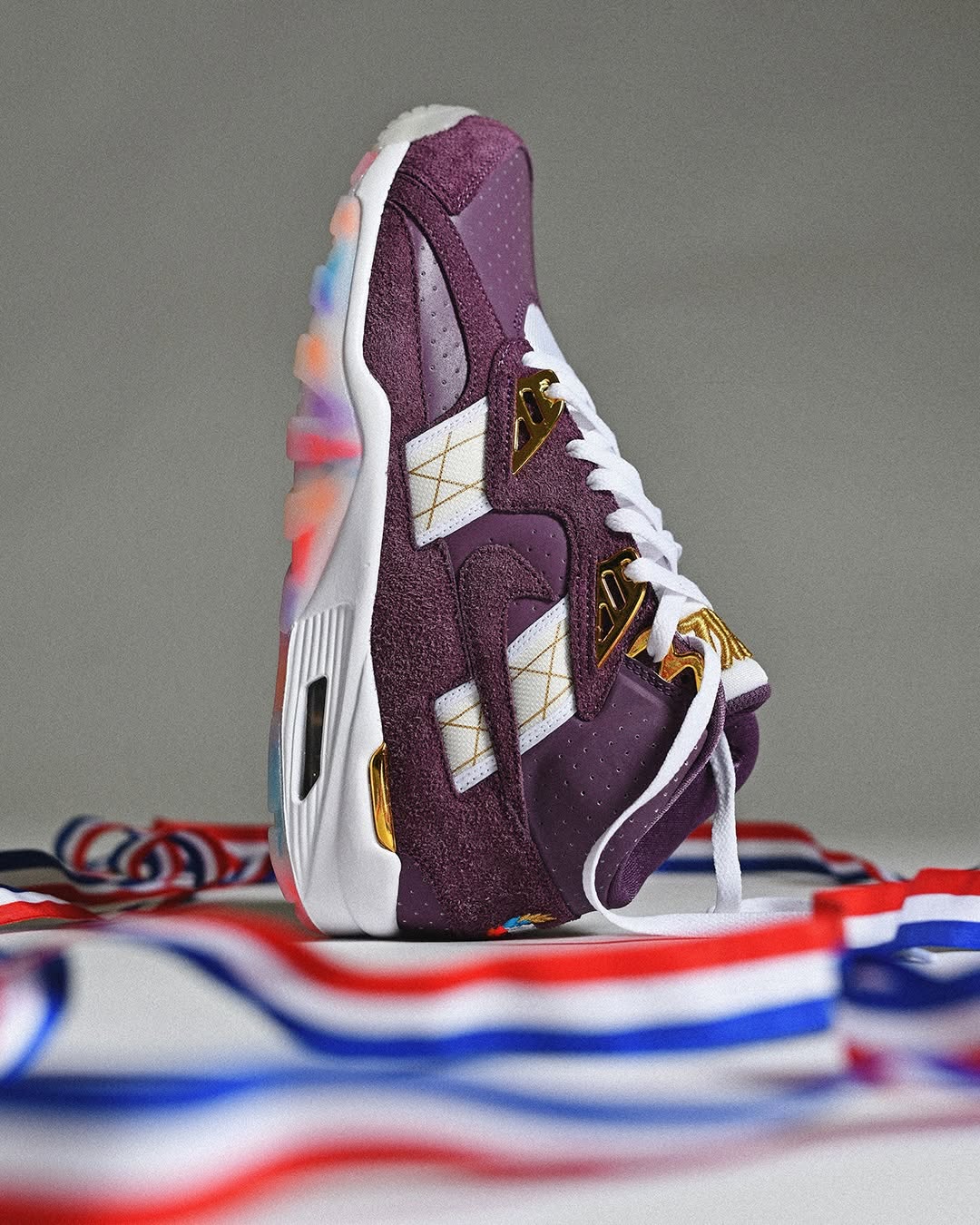Nike Air Trainer SC Atlanta Olympics pair in purple white and metallic gold