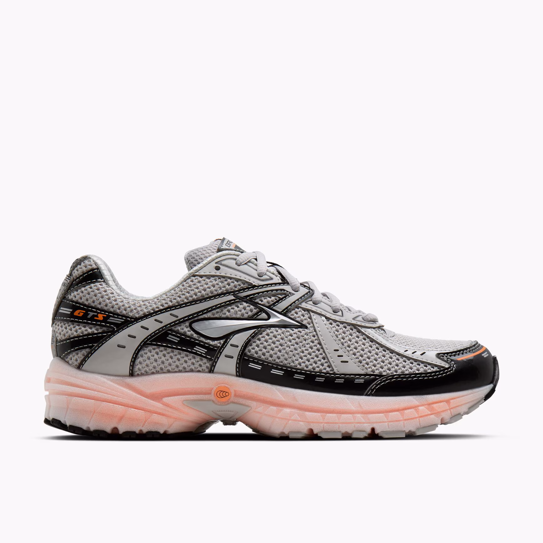 Brooks Adrenaline GTS 10 in Quiet Grey, Black, and Coral Rose showcasing a breathable mesh upper with modern lifestyle styling.