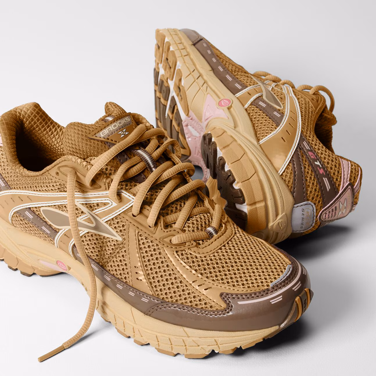 Brooks Adrenaline GTS 10 in Wood Thrush, Cub, and Soybean featuring earthy tones and a vintage-inspired running shoe silhouette.